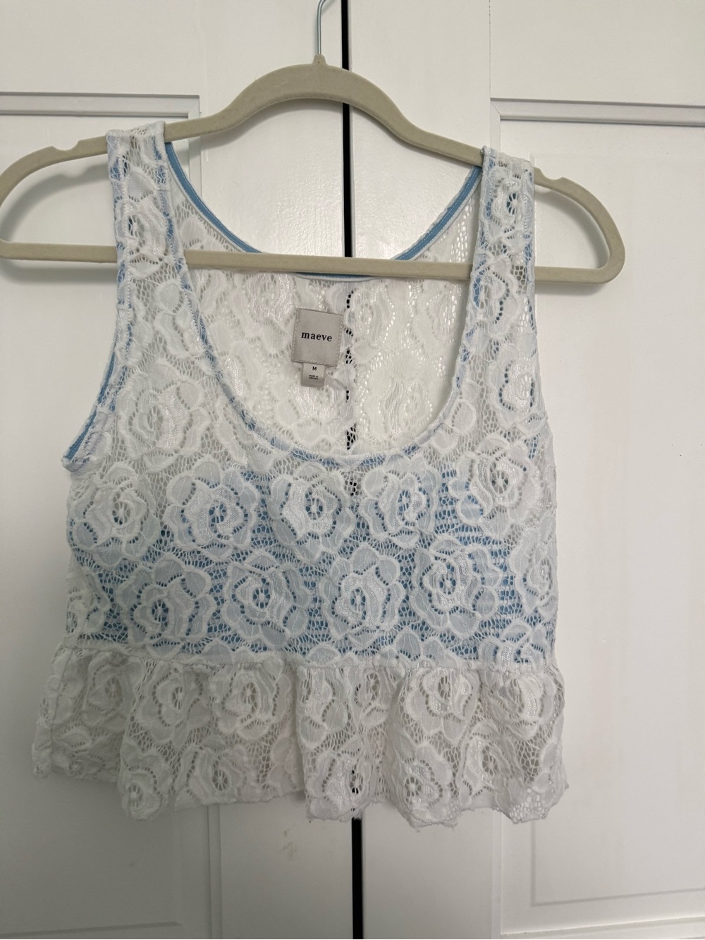 Maeve White Lace Peplum Camisole with Light Blue Lining